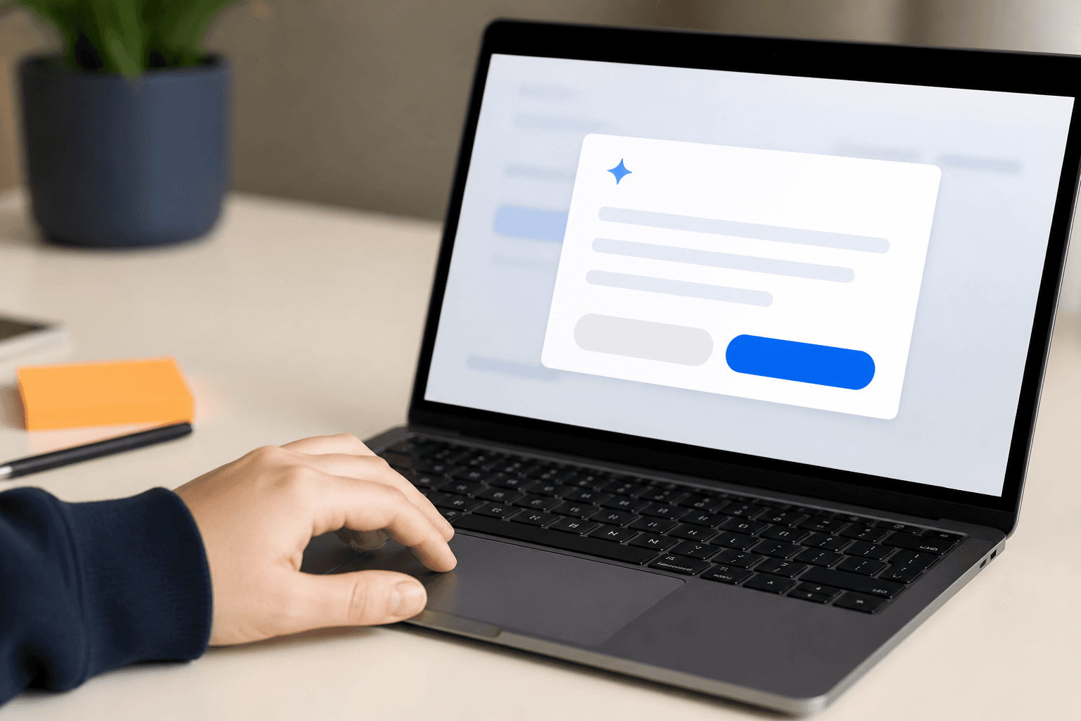 A laptop showing a suggestion card ready to accept or edit