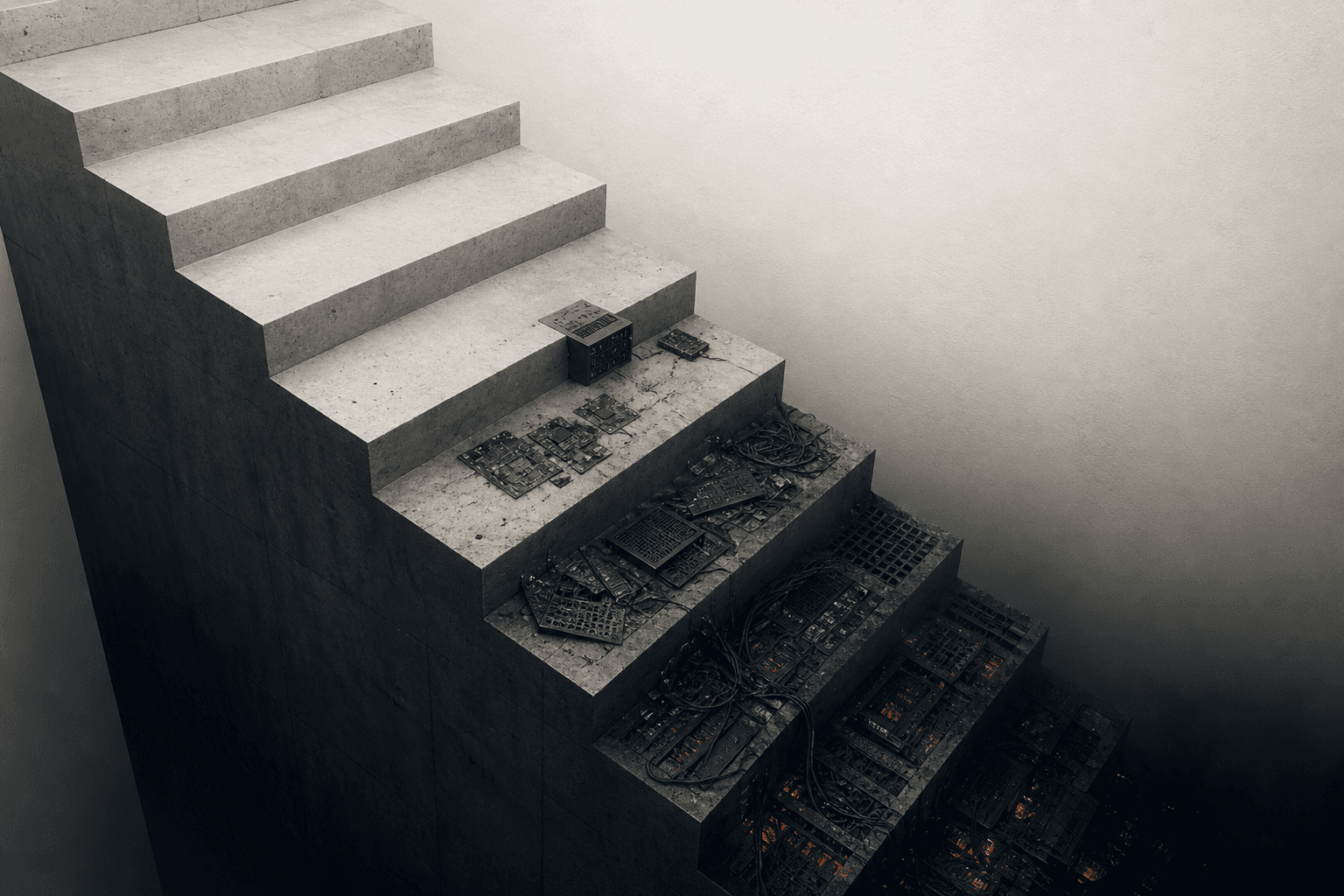 A descending staircase disappearing into a dark pit, shot in cream, navy, and amber light.
